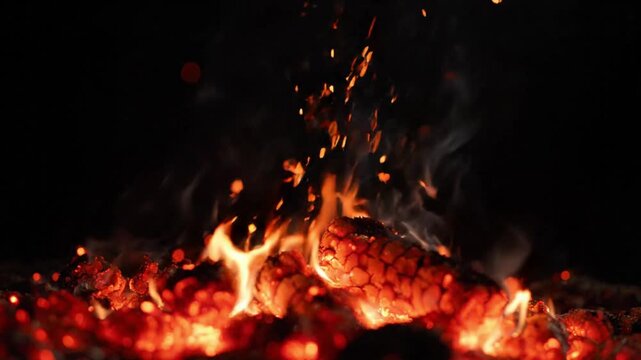 Fire Dance Ember Sparks Lapping Rimmed Coals at Night