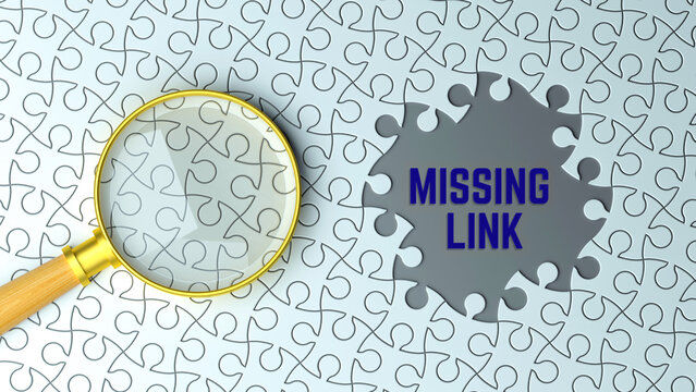 Missing Link Magnifying Glass on Puzzle Missing Piece Gray Background