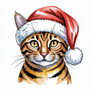 Festive Ocicat Cat Wearing a Santa Hat, a Whimsical Watercolor Illustration for the Holiday Season