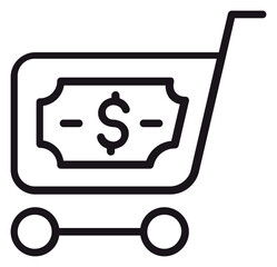 Black line art vector icon of a shopping cart containing a dollar bill symbol, representing e-commerce, online shopping, purchasing, retail, and financial transactions. Minimalist graphic design. © MdMonower