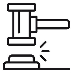Black line vector icon of a judge's gavel hitting a sound block, symbolizing law, justice, legal authority, and court proceedings. Minimalist graphic illustration for legal services and auctions. © MdMonower