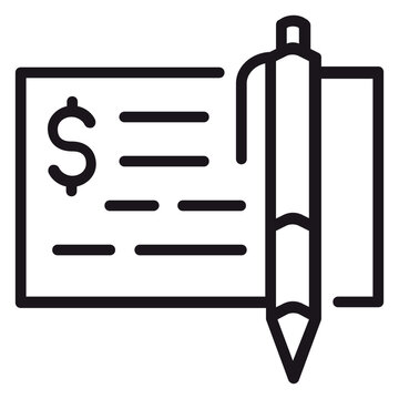 Bank check with dollar sign and pen vector icon, financial transaction and payment method symbol, business and finance concept illustration, minimalist black line art on white background.