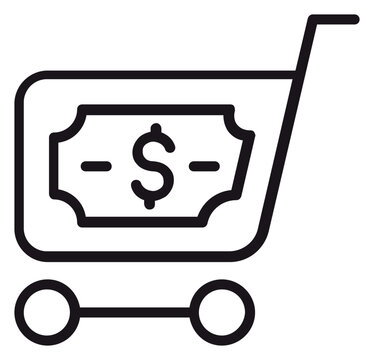 Black line art vector icon of a shopping cart containing a dollar bill symbol, representing e-commerce, online shopping, purchasing, retail, and financial transactions. Minimalist graphic design.