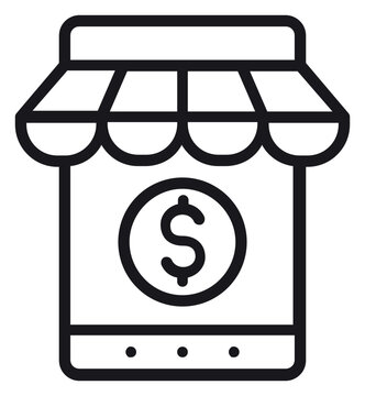 Mobile shopping vector icon illustration depicting a smartphone with a retail store awning and a dollar sign coin on the screen, representing e-commerce, digital business, and online payments.