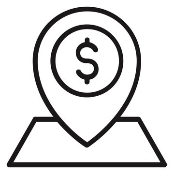 Minimalist black line vector icon of a map pin location marker with a dollar sign symbol inside, representing a bank, ATM, or financial business location on a map, scalable illustration.