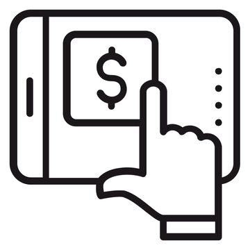 Mobile Payment and Digital Banking Vector Icon Illustration: A Hand Touching a Tablet Screen with a Dollar Sign Symbol, Representing Online Transactions, E-commerce, and Financial Technology.