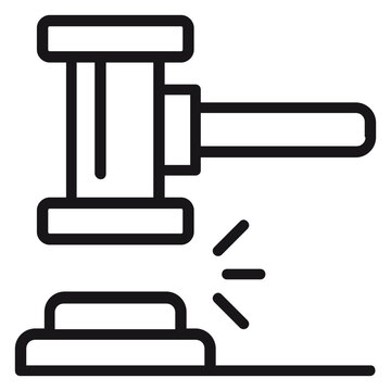 Black line vector icon of a judge's gavel hitting a sound block, symbolizing law, justice, legal authority, and court proceedings. Minimalist graphic illustration for legal services and auctions.