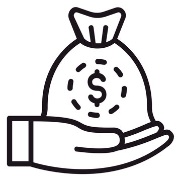 Black vector icon illustration of a hand holding a money bag with a dollar sign, representing finance, wealth, investment, savings, profit, and banking in a clean minimalist line art style.