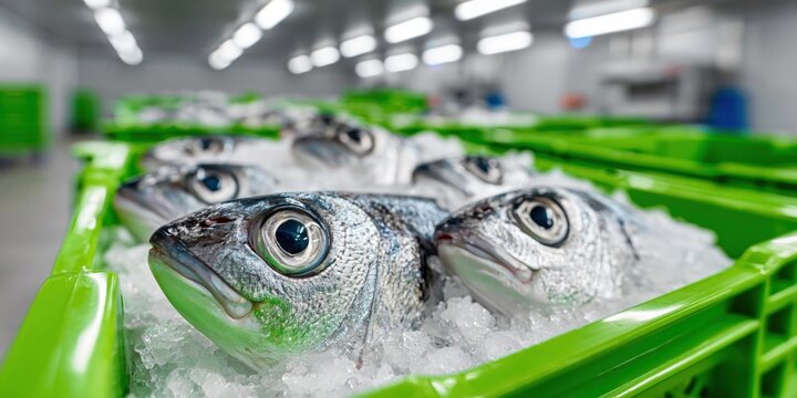 Freshly caught fish packed in ice within bright green crates at a processing facility