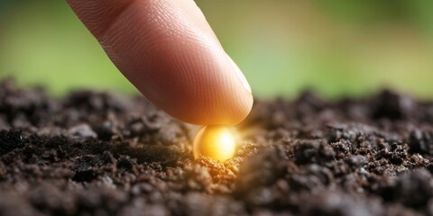 Fototapeta na wymiar Human finger gently pressing a glowing golden seed into fertile soil