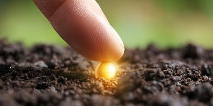 Human finger gently pressing a glowing golden seed into fertile soil