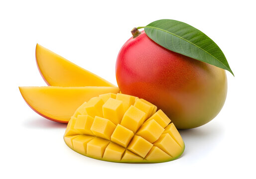 Isolated on white background mango fruit with green leaf and slices cut up with knife in a creative pattern on white surface