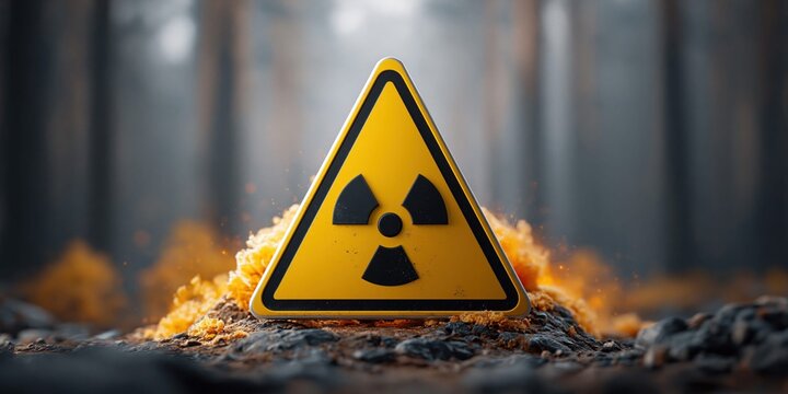 Yellow radiation warning sign with black trefoil symbol on hazardous ground