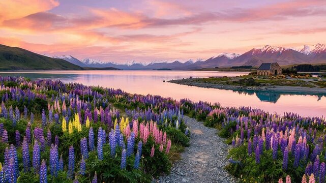 vibrant lupine flowers beside turquoise lake tekapo in new zealand timelapse video