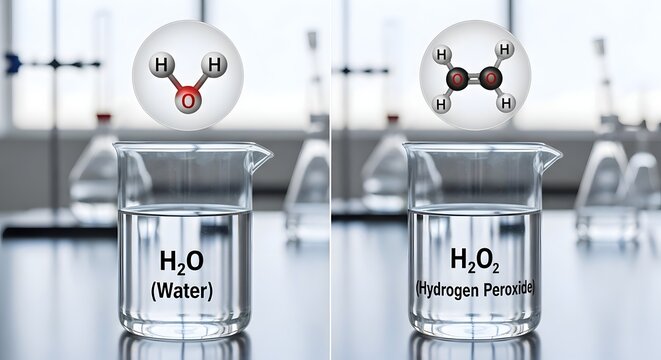 Water and Hydrogen Peroxide molecular structure comparison in laboratory beakers