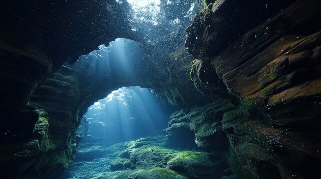 Narrow volcanic tunnel with textured walls and suspended mineral particles, mysterious elegant composition with controlled contrast, premium expedition stock look, low ambient light with