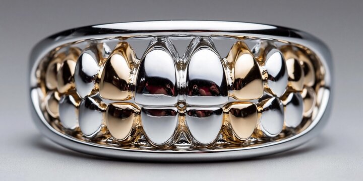 Custom grillz jewelry featuring alternating gold and silver teeth