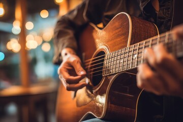 Fototapeta premium A musician playing an acoustic guitar in a cosy, dimly lit musical atmosphere, musician playing guitar, man playing guitar, man playing acoustic guitar, man playing electric guitar