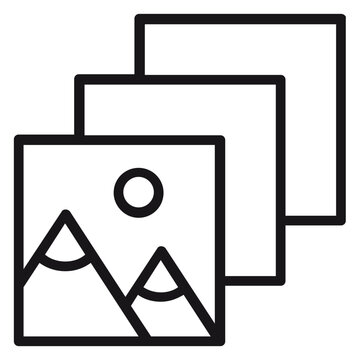 Minimalist black line vector icon of a photo gallery or image stack, featuring a landscape picture with mountains and sun on top of multiple blank frames for photography and digital assets.