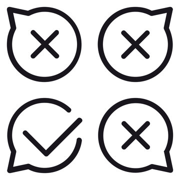 Minimalist black line vector icon illustration of four speech bubbles featuring three cross marks and one checkmark, symbolizing selection, feedback, approval, rejection, and communication.