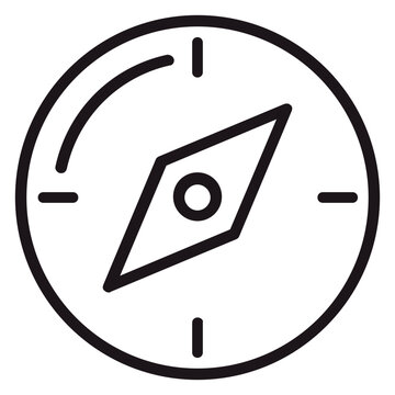 Minimalist black line art vector icon of a compass for navigation and orientation, featuring a circular frame with directional markers and a central needle, isolated on a white background