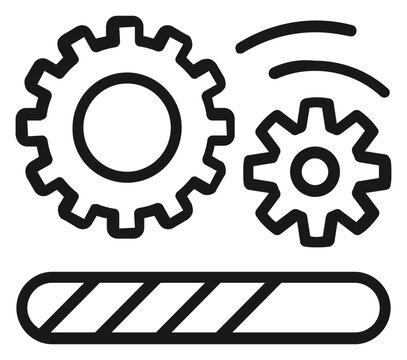 Minimalist vector icon illustration of rotating gears above a loading progress bar, representing system processing, software update, data installation, or technical optimization for web design.