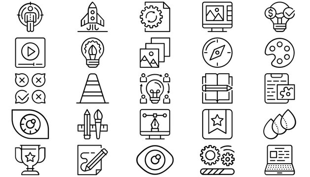 25 Minimalist Black Line Vector Icon Set Collection Bundle for Web and Graphic Design. Features Business Startup, Technology, Creative Tools, Education, Environment, Navigation, and Multimedia