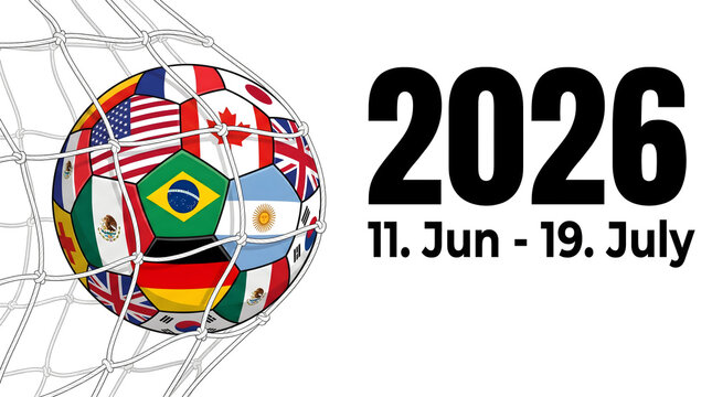 2026 FIFA World Cup poster with soccer ball and flags