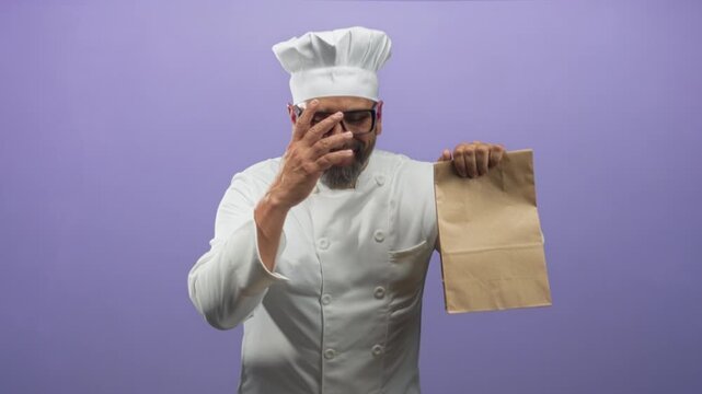 Man chef in uniform holding paper bag with raised hand and laughing broadly in purple studio; joy takeaway.