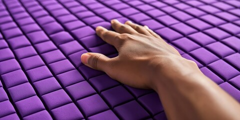 Fototapeta premium Hand touching a textured purple mattress with a square grid pattern