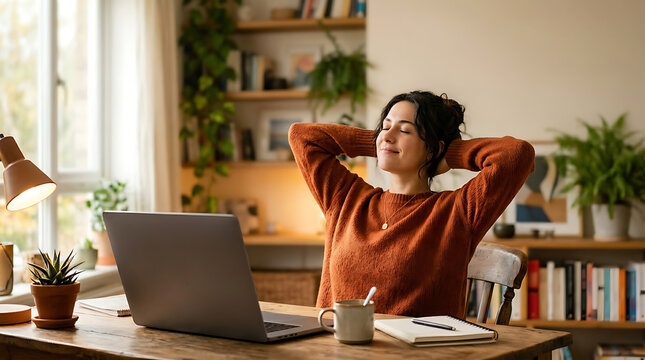 freelancer stretching after closing laptop in relaxed recovery moment with copy space on top warm cozy background for text decompression rest and work life balance concept