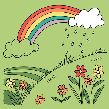 Cheerful Meadow Vector Illustration with Rainbow, Clouds, and Spring Flowers