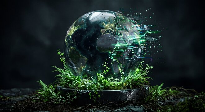 Digital Earth globe concept. Crystal planet sphere resting on green plants. Glowing data pixels and binary code elements.