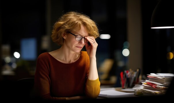 A tired woman sits at a desk late at night, rubbing her strained eyes from fatigue while grading a large pile of student assignments