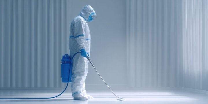 Person in hazmat suit with sprayer, symbolizing disinfection and protection against viruses