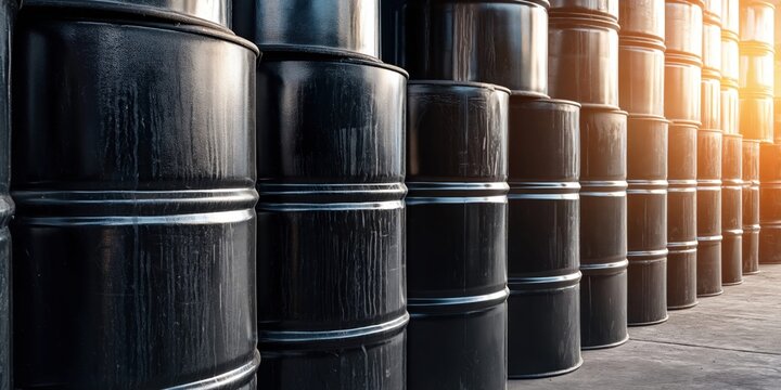 Rows of black metal oil barrels stacked in a warehouse with warm sunlight.