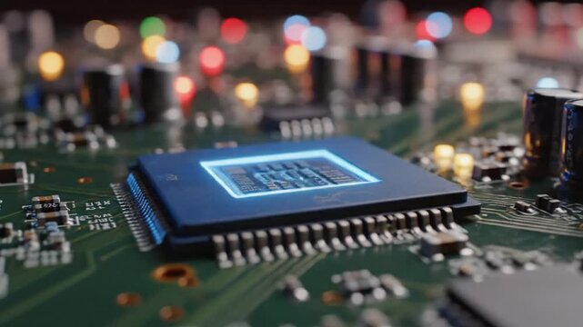 Macro shot of glowing microchip on computer circuit board
