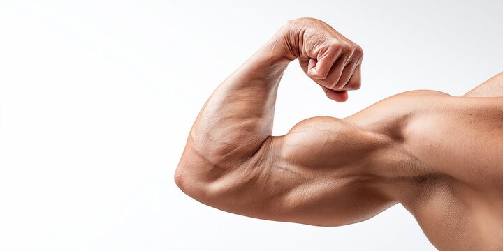Close-up of a muscular male arm flexing biceps and showing veins