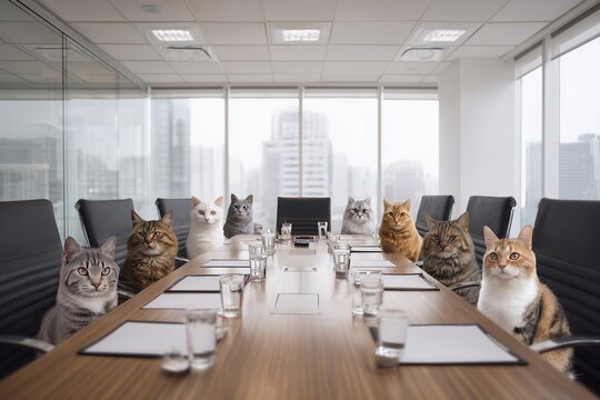Cats sitting around meeting table in office