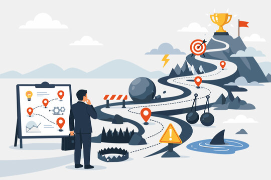 Businessman Planning Strategy to Overcome Obstacles and Pitfalls on a Winding Road to Reach a Success Goal Trophy. Concept of Risk Management, Career Path, and Achievement Vector Illustration.