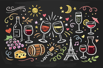 Naklejka premium Whimsical chalk doodles of wine glasses, bottles, and cheese on a blackboard. Hand-drawn sketch of Parisian wine culture with Eiffel Tower, grapes, and barrel for party invitations and menus.