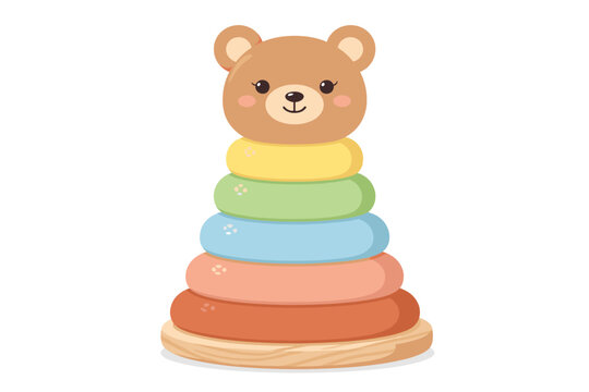 Cute Wooden Stacking Balance Toy with Bear Head Figure, Colorful Animal-Shaped Pyramid for Kids and Toddlers, Educational Preschool Nursery Game, Montessori Baby Toy Vector Illustration