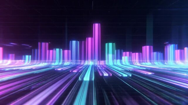 Colorful neon cityscape with glowing bars in digital style on dark backdrop, concept of futuristic technology