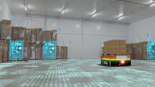 Autonomous mobile robots transport products in a large automated warehouse. Artificial intelligence manages a large wholesale warehouse. Smart warehouse. Fresh fruit and vegetable Cold Storage room.