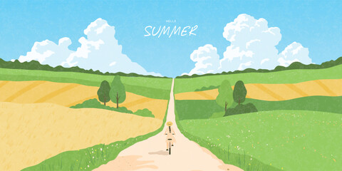 Naklejka premium Beautiful summer landscape with girl riding bicycle on a country road through green hills and fields. Scenic nature background in a soft flat style with white clouds. Vector illustration