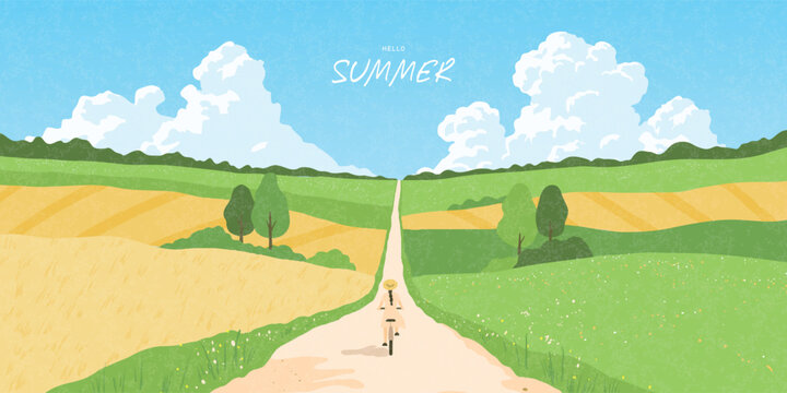 Beautiful summer landscape with girl riding bicycle on a country road through green hills and fields. Scenic nature background in a soft flat style with white clouds. Vector illustration