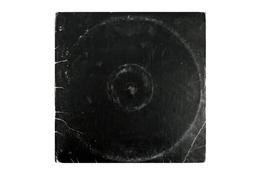 Old, worn black vinyl record sleeve with scratches and ring wear. Isolated on transparent background, png