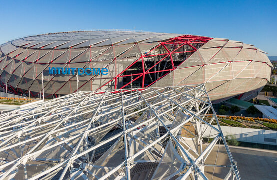 Aerial Drone View of Intuit Dome Gridshell Roof and PTFE Panel Facade in Los Angeles California