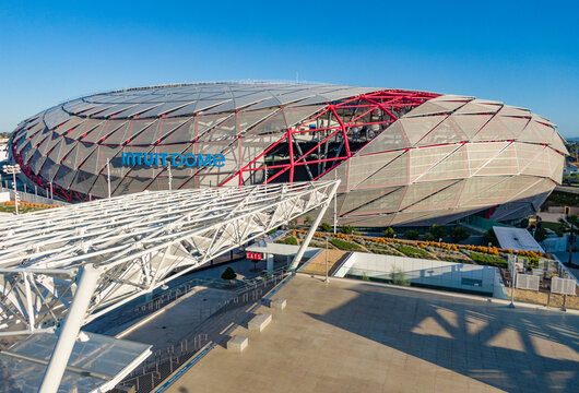 Aerial Drone View of Intuit Dome Gridshell Roof and PTFE Panel Facade in Los Angeles California