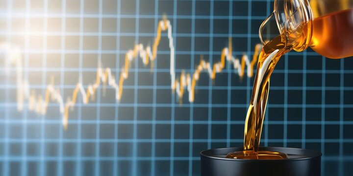 Pouring golden oil into a barrel against a backdrop of stock market charts